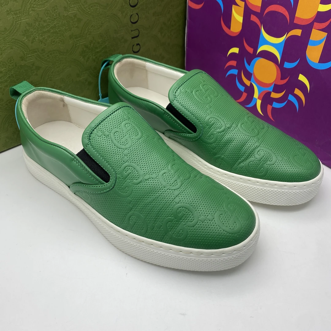 95新 GUCCI/古驰 39欧码 二手男款绿色双G压印一脚蹬休闲板鞋