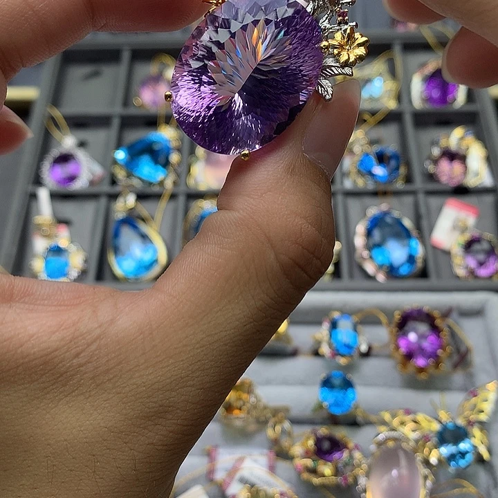 水晶银S925镀金镶嵌吊坠(不含链)