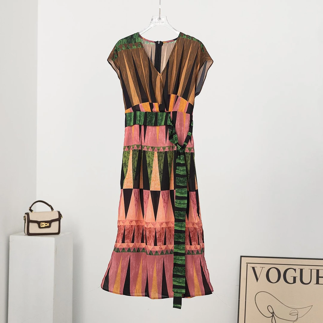 无印心匠K1798 长裙短袖中长裙连衣裙印花拼接收腰夏季 B950-1