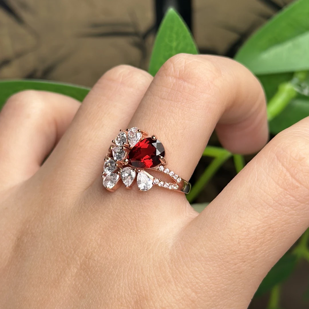 【627】天然石榴石戒指特价花朵款