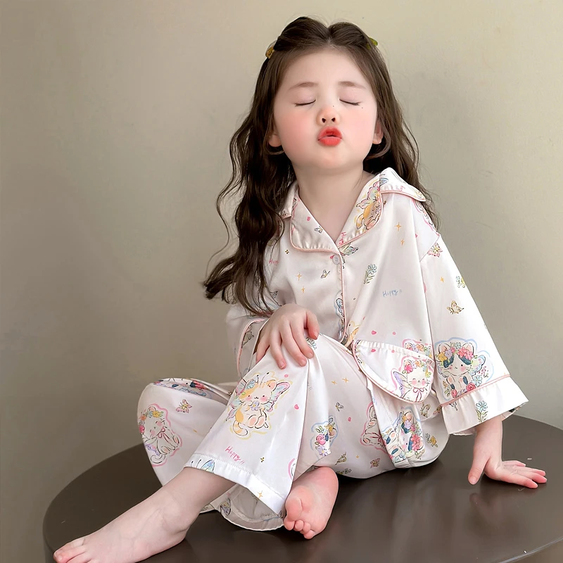 夏季儿童睡衣女童冰丝短袖薄款开衫小女孩中小童空调家居服套装