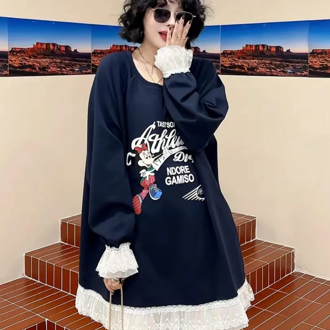 大码孕妇装秋季新款蕾丝花边拼接设计感长袖卫衣孕妇卡通米奇宽松