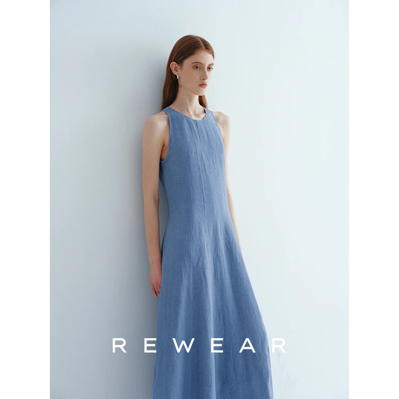 REWEAR/1OO%亚麻汉麻 8片式立裁廓形无袖鱼骨收腰背心连衣裙13203