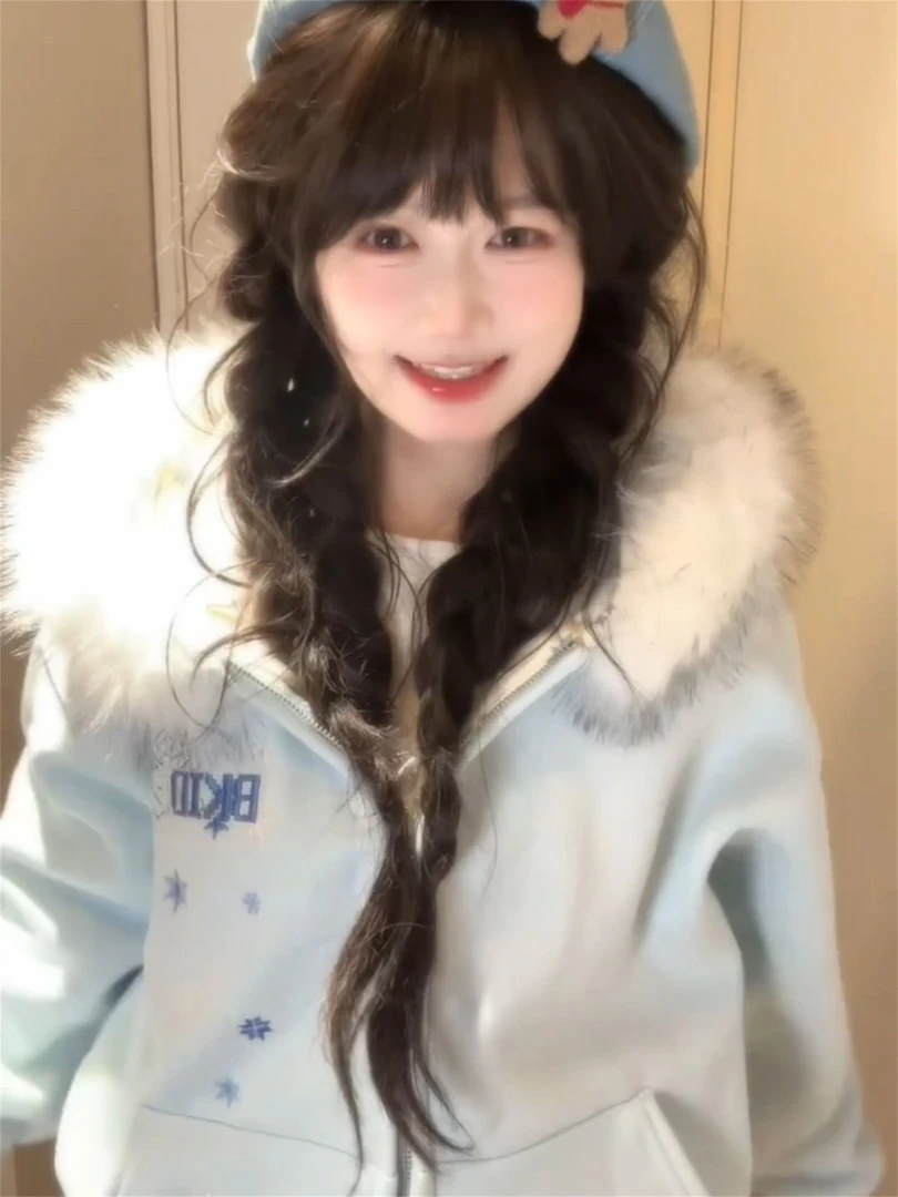 【圣诞专属】美式雪花刺绣毛领连帽卫衣2025秋冬季新款加绒加厚开衫