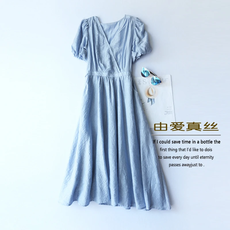 法式提花高腰V领韩版中长棉麻连衣裙蓝色收腰时尚纯色中长裙