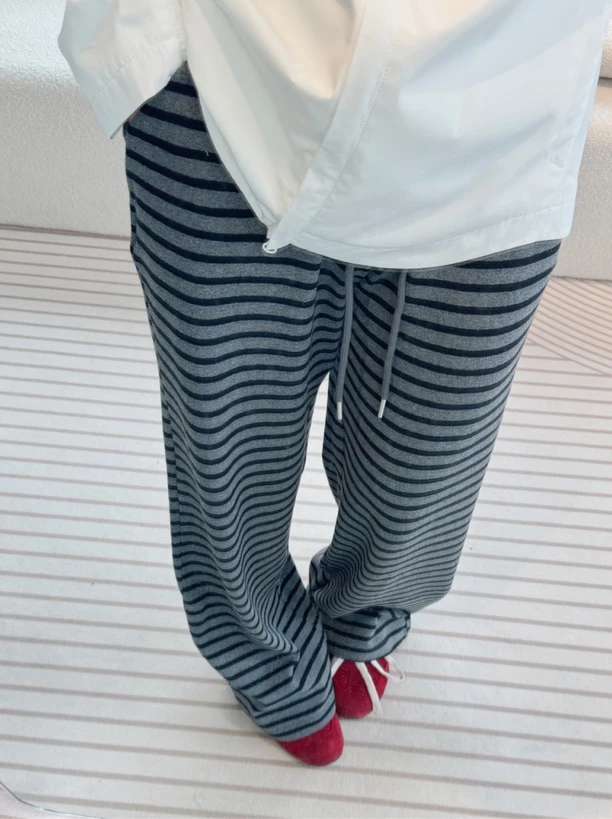 春款高腰宽松条纹拖地长裤显瘦休闲裤2025