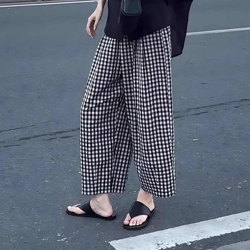黑白格子九分哈伦裤女2025新款夏季薄款梨形宽松阔腿裤休闲慵懒风