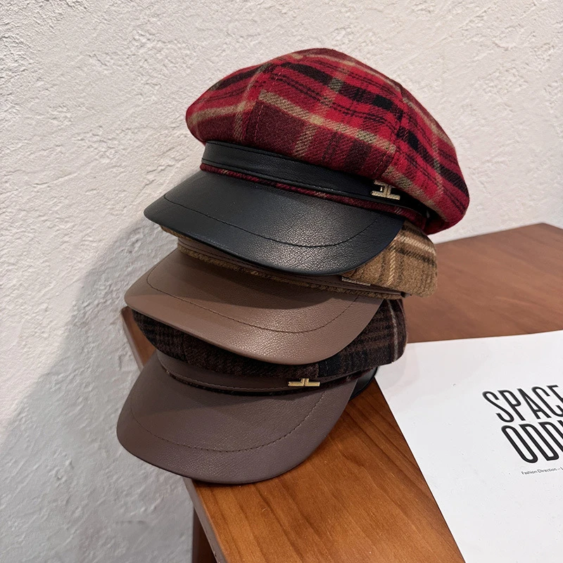 韩版红色格子八角帽贝雷帽子女秋冬季报童帽网红时尚鸭舌帽画家帽