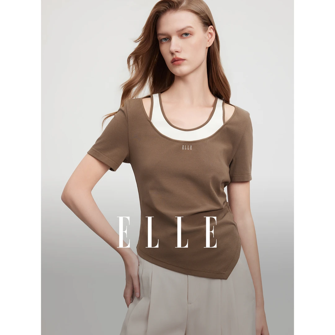 ELLE假两件拼接撞色收腰短袖女2025夏新款设计感时髦ET51111