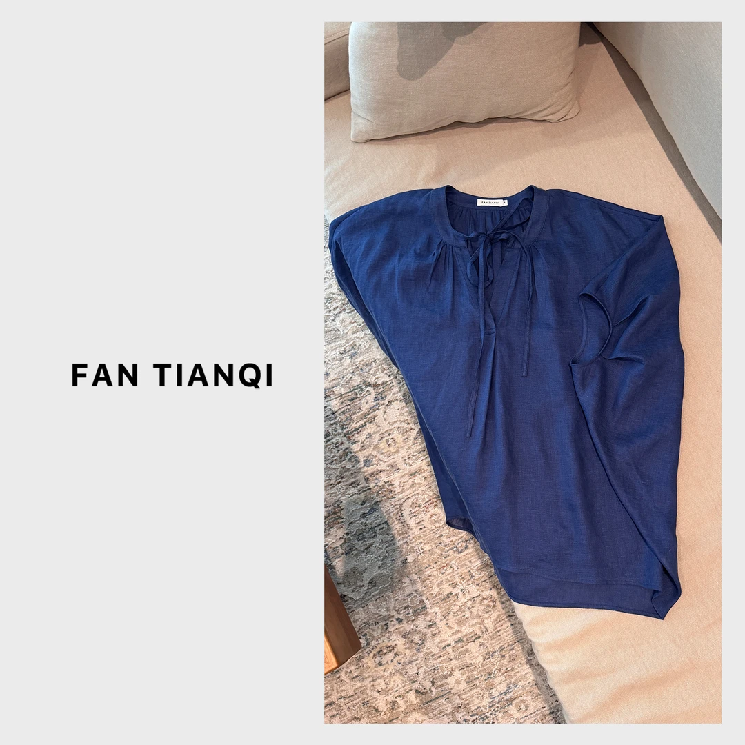 范天奇/FAN TIANQI【蓝宝石】亚麻宝石蓝蝙蝠V领上衣FYSH55150