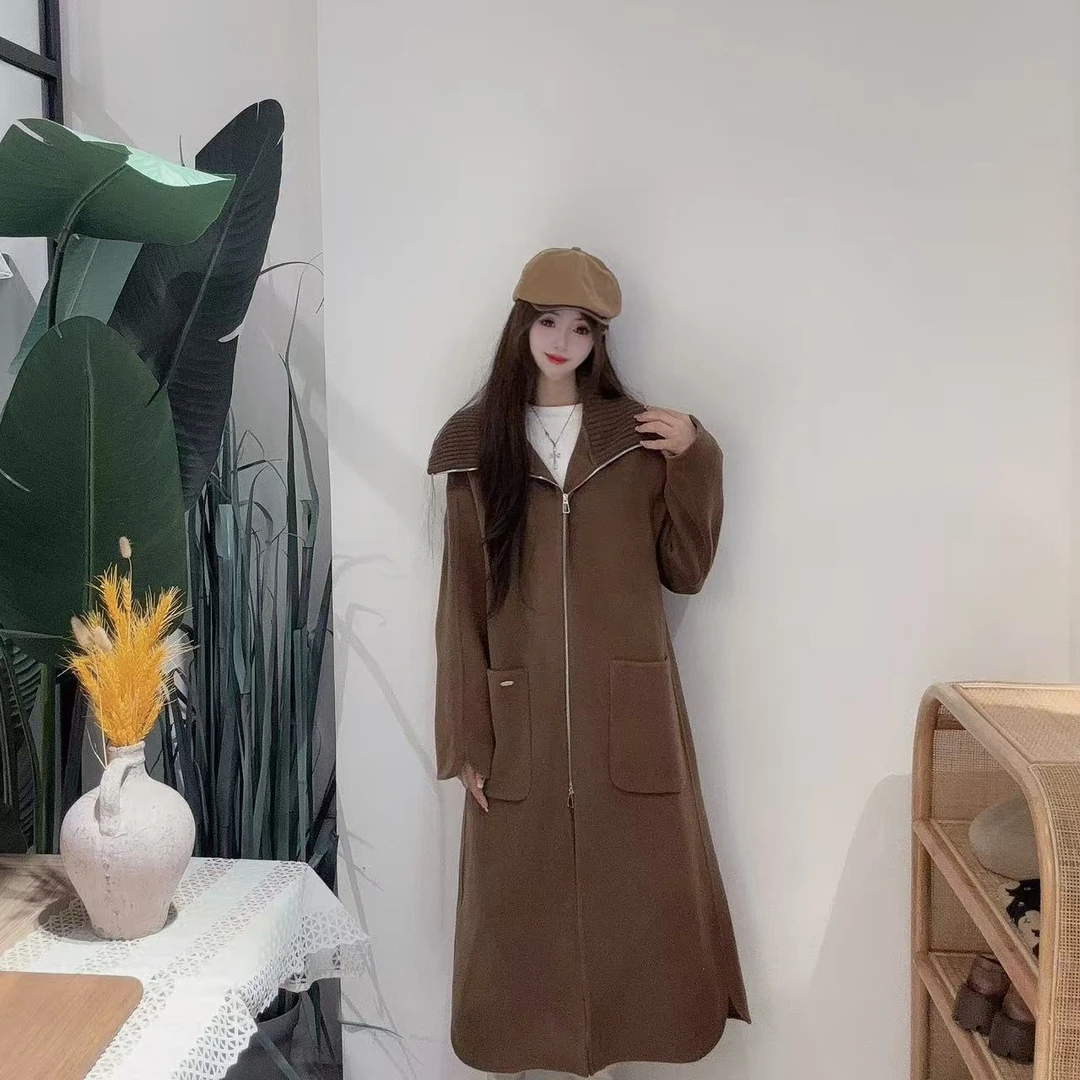 PD49085162冬新款复古风大翻领拉链款韩系百搭高级感长款羊绒大衣