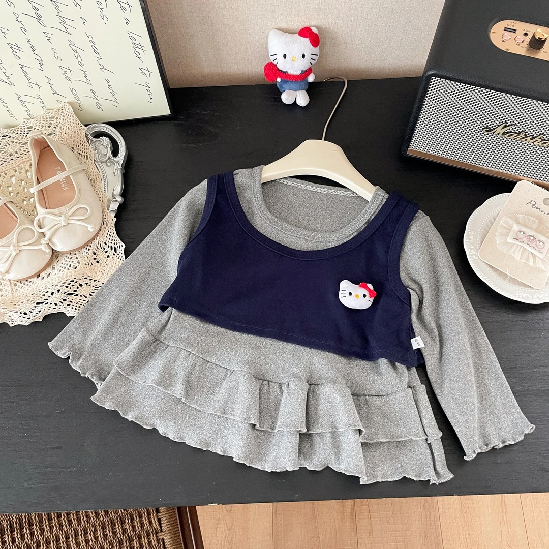 春秋季女童洋气吊带打底衫2025新款女宝宝长袖花边真两件上衣T恤