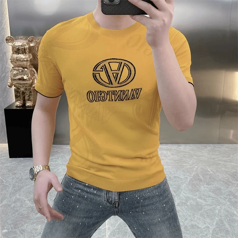 2025欧货轻奢男士针织冰丝短袖T恤时尚百搭纯色夏季印花半袖上衣