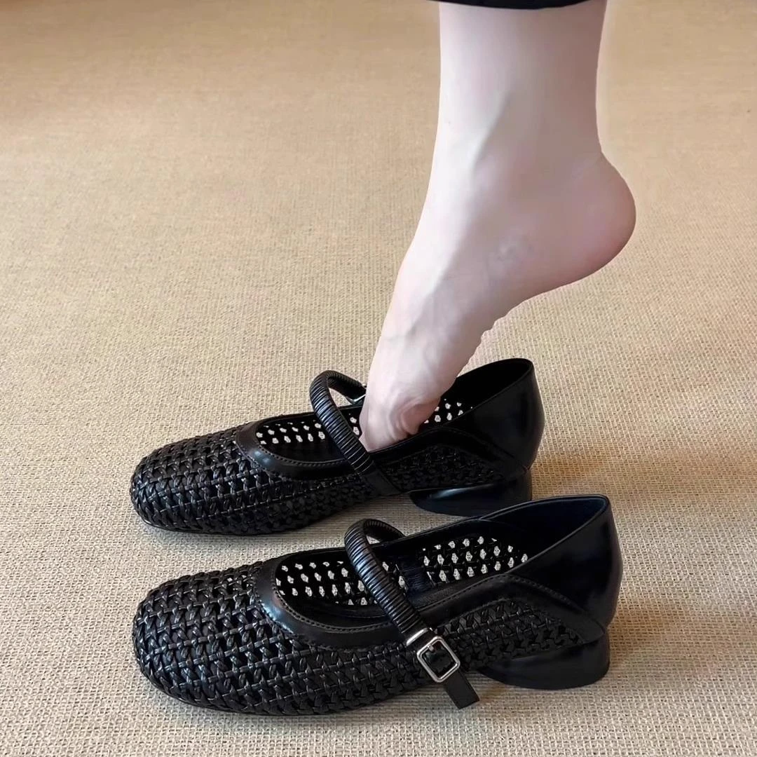 羊皮版~2025新款法式复古风镂空编织粗跟单鞋一字带玛丽珍凉鞋女