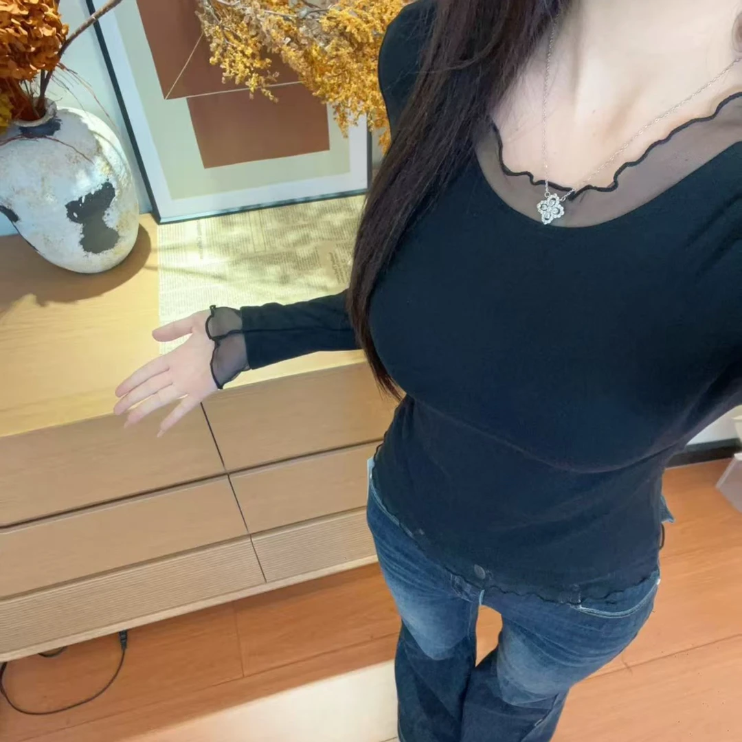 秋冬新款蕾丝拼接加绒T恤韩版长袖时尚洋气内搭显瘦打底衫女上衣