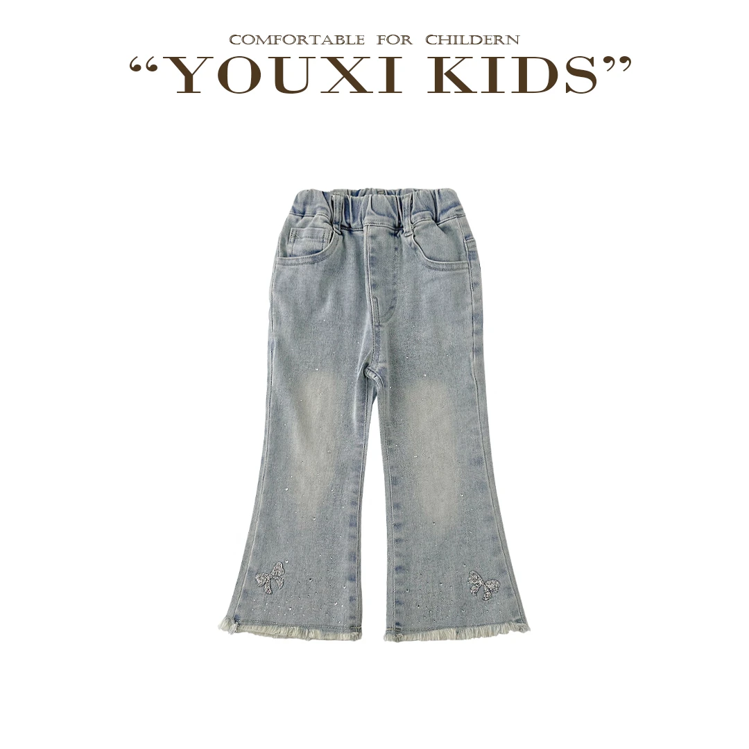 飞飞家· 星芒2.025新款夏季女童重工亮钻蝴蝶结微喇牛仔裤 FF2768