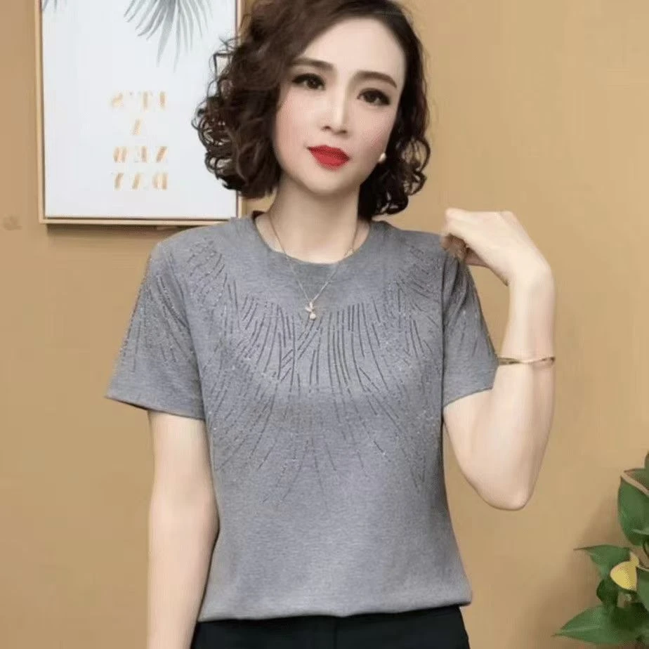 新款圆领烫钻T恤夏季短袖上衣洋气百搭时尚女士妈妈装小衫