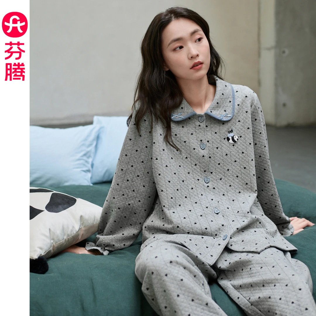 芬腾女士睡衣空气棉夹层纯棉加厚长袖秋冬季套装加大码家居服春秋