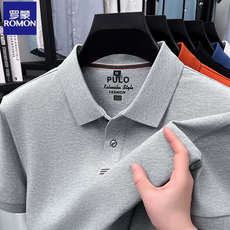 罗蒙纯棉短袖T恤男翻领夏季商务纯色半袖百搭男装上衣宽松polo衫