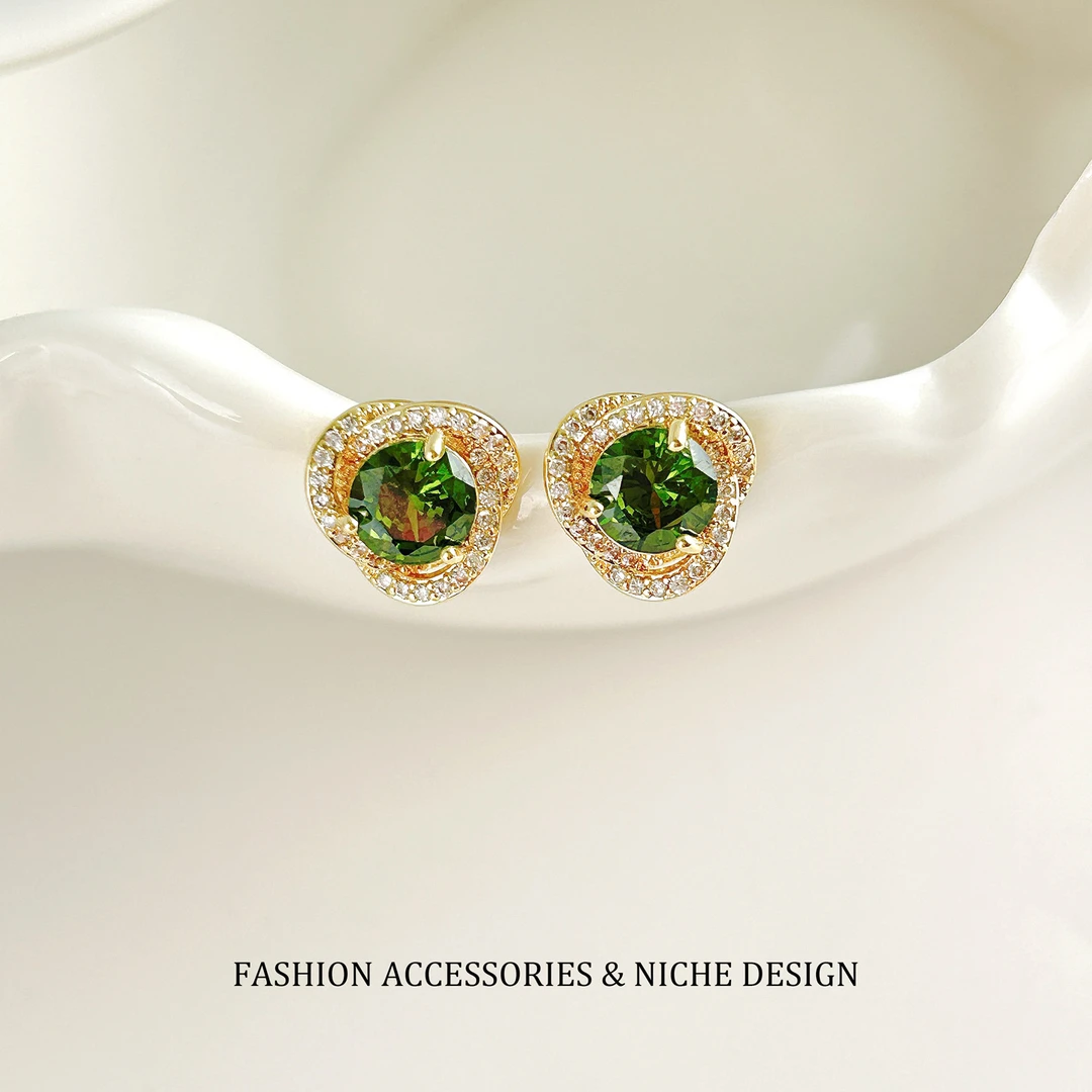 磁铁锆石耳饰 橄榄绿锆石耳钉经典款高级感轻奢精致时尚气质小众