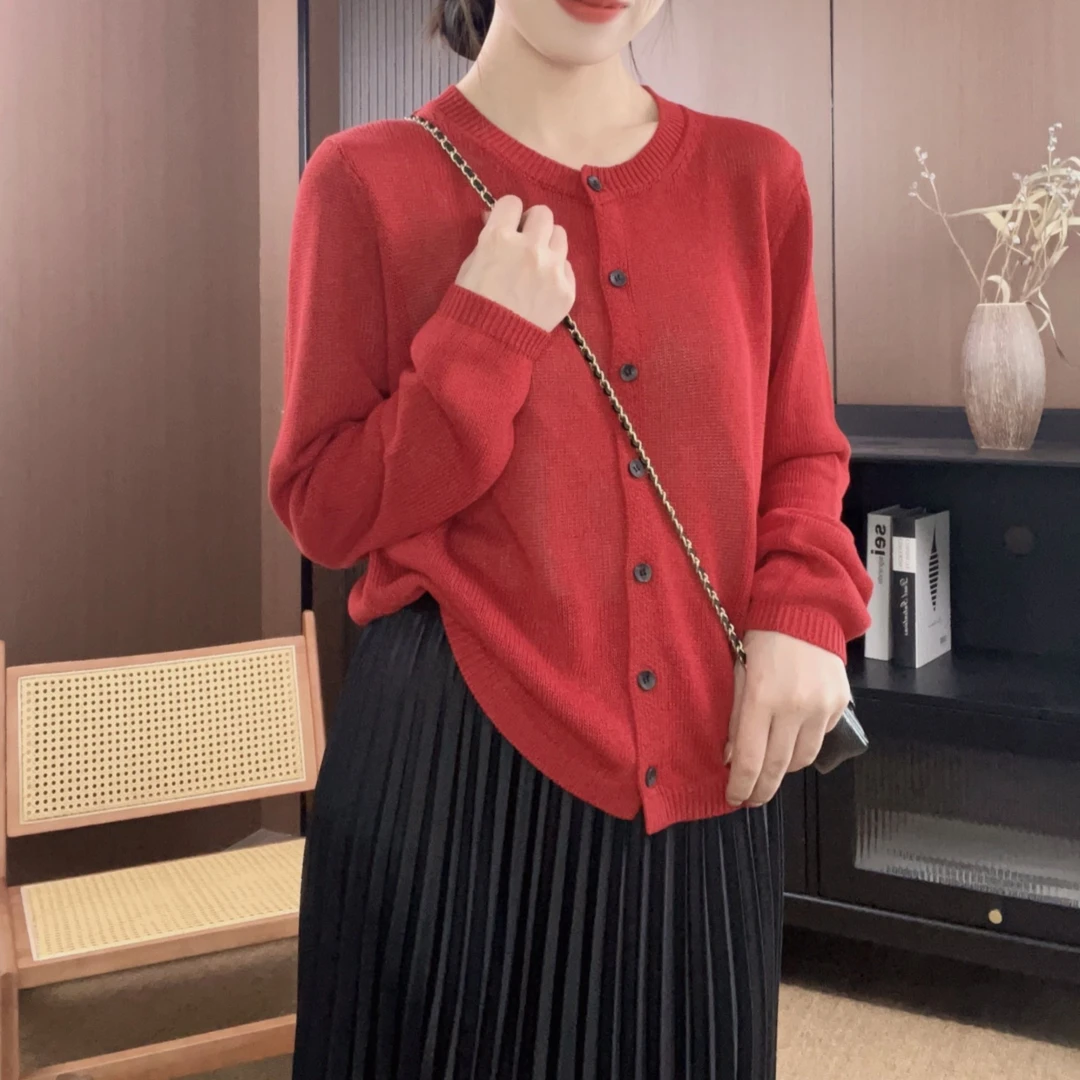 相菲一2025春夏新款简约通勤进口和纸纱 纯色长袖针织开衫女
