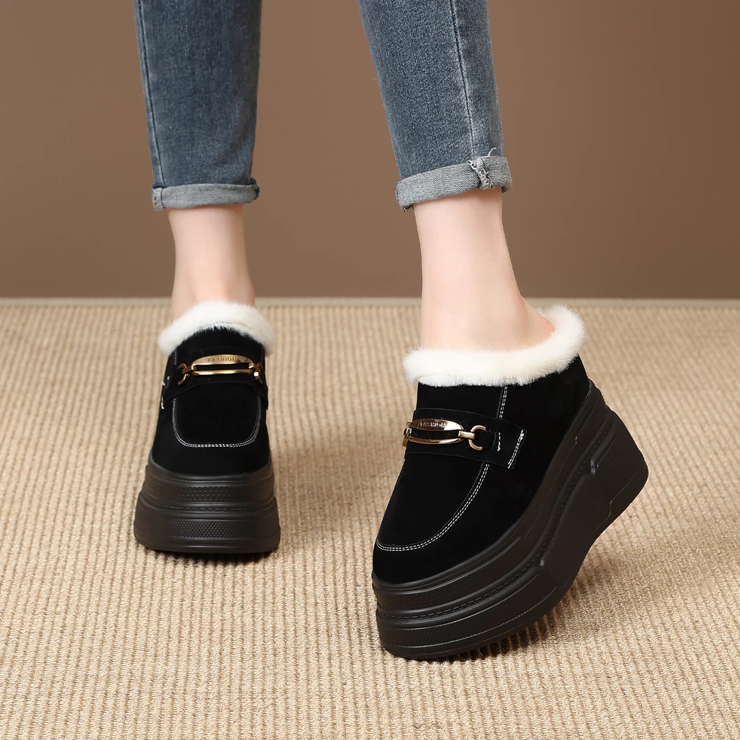 【跟高10-12CM】冬季毛毛拖鞋加绒小个子加绒厚底松糕包头半拖鞋女