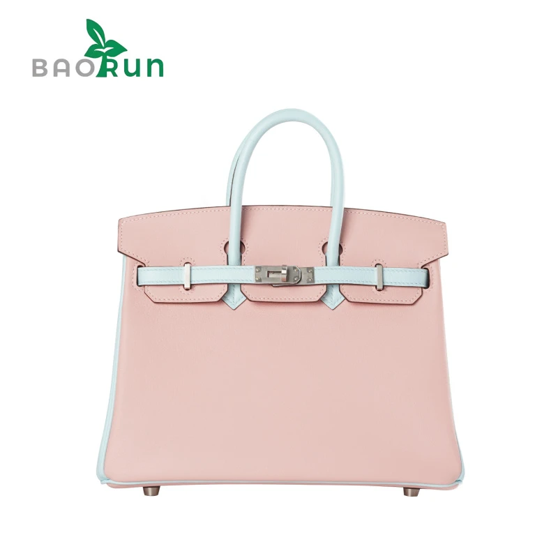 【25BK-swift皮-3Q粉拼雾霾蓝-银扣】女士经典百搭黑色手提包