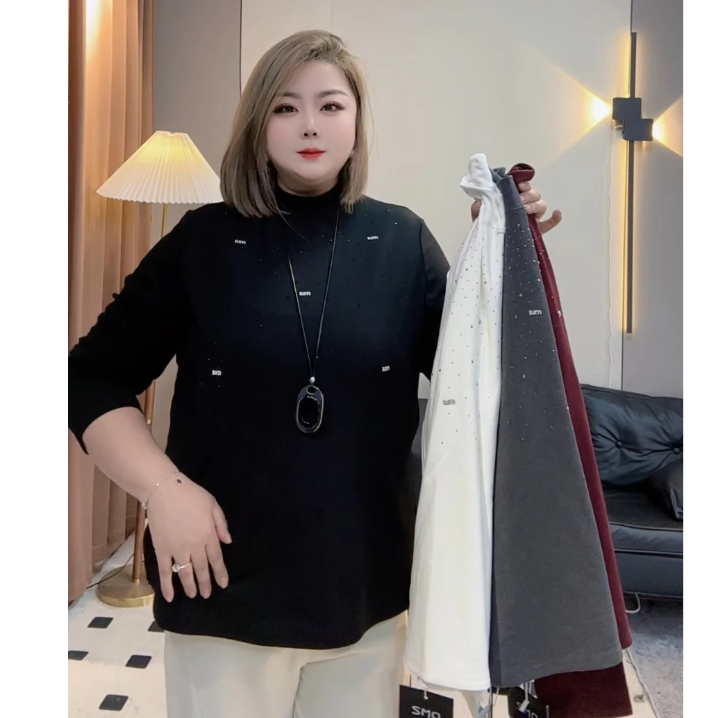 加厚加绒打底衫女内搭可外穿洋气大码弹力胖mm显瘦轻奢钻气质上衣