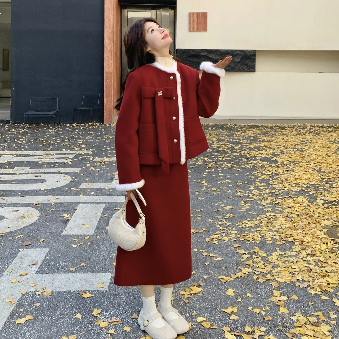 新年红小香风套装裙女冬季新款毛绒拼接羽绒内胆外套半身裙两件套