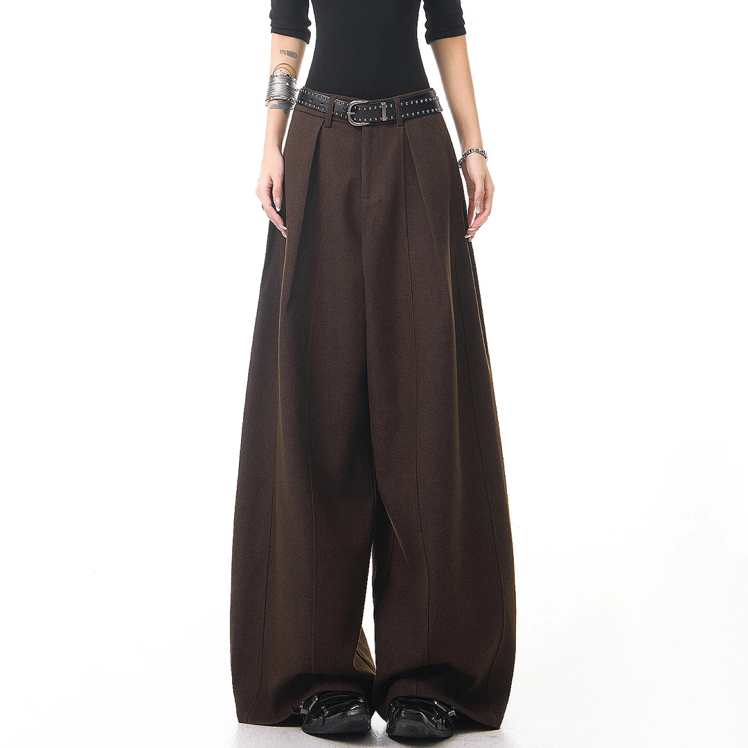 KEN STUDIO秋冬新款复古咖色呢子西装裤女高腰显瘦垂感阔腿拖地裤