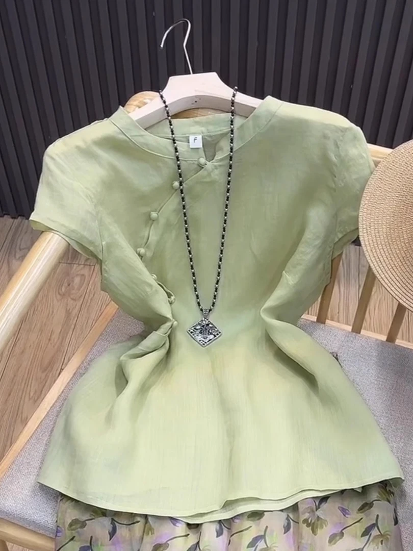 推荐现货！！薄荷绿短袖小衫女夏轻薄新中式斜襟国风盘扣复古纯色