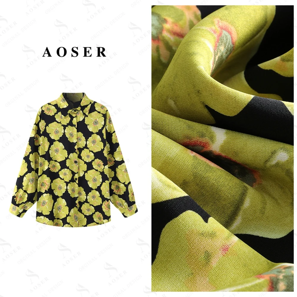 AOSER百搭时尚常规款长袖翻领衬衫上衣衬衫袖女装485