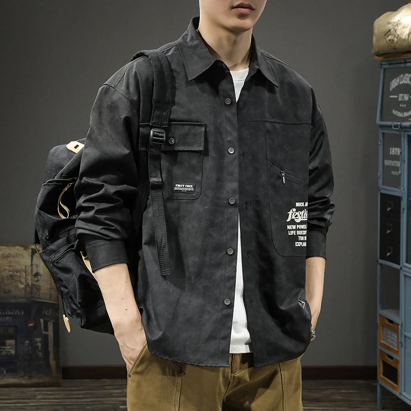 2025春秋新款美式休闲工装衬衫男宽松大码设计感潮牌印花长袖外套