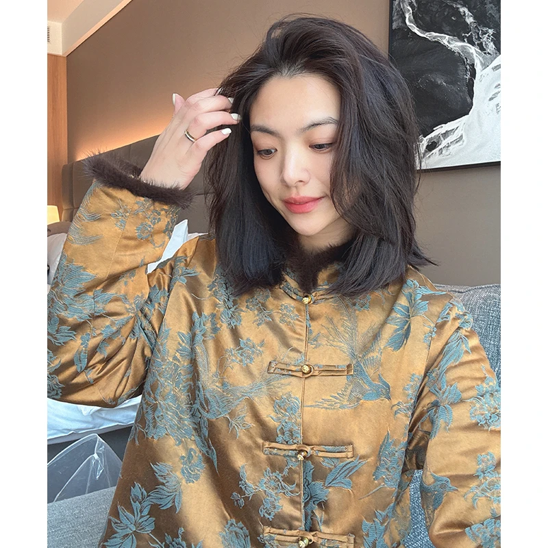 【二姐国潮】复古轻奢貂毛拼接新中式斜襟一字盘扣提花夹棉上衣2558