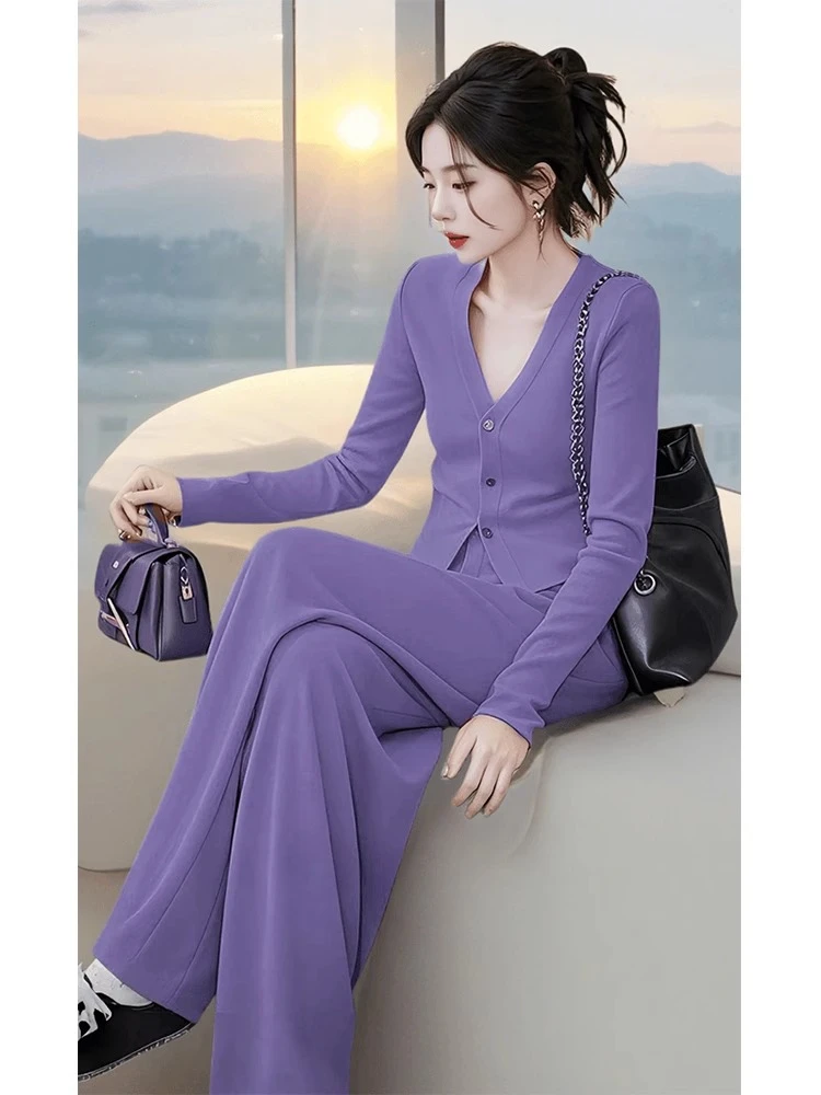 一整套秋季穿搭高级感独特绝美气质小香风紫色开衫上衣裤子套装女