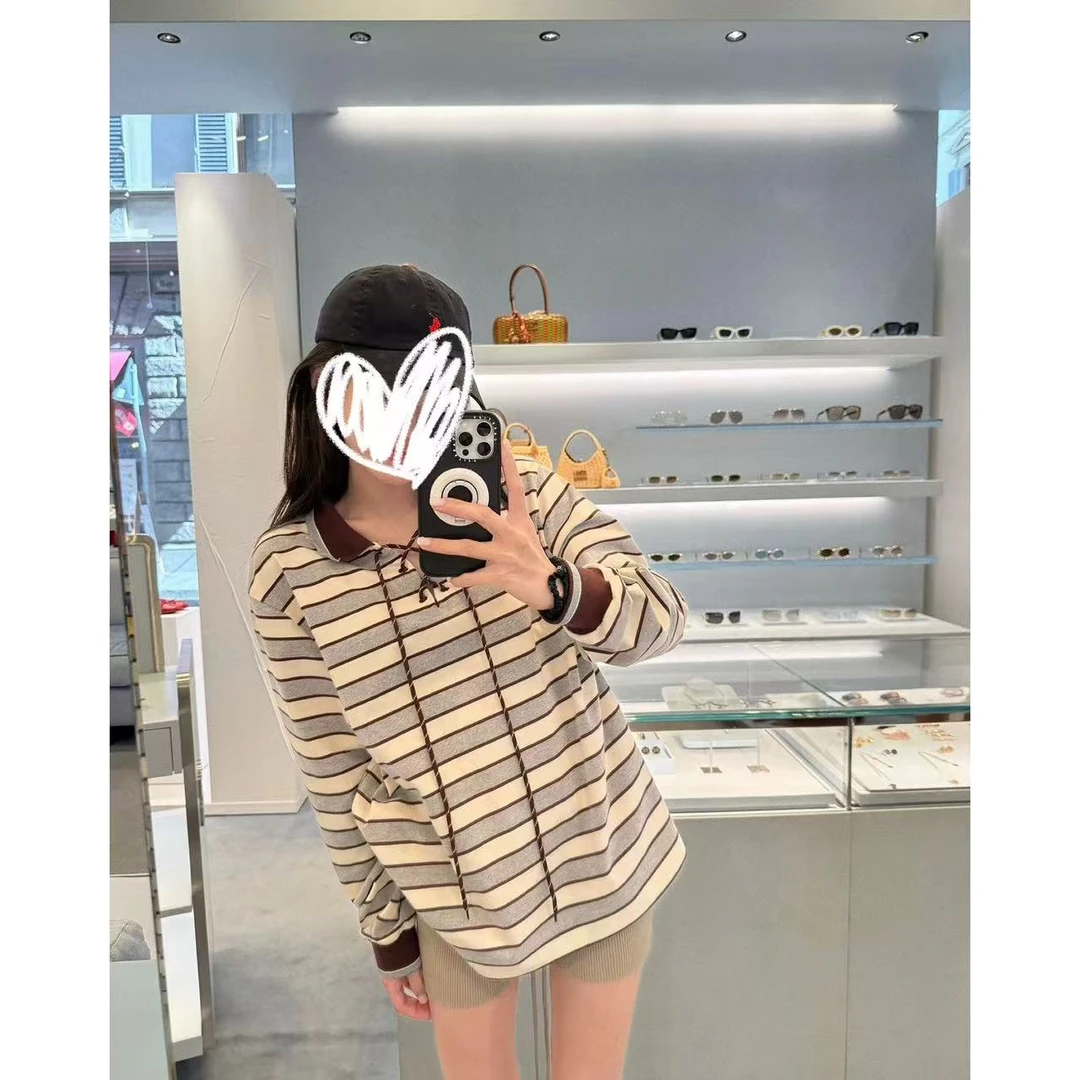 撞色条纹长袖T恤女早秋韩系设计感上衣Y1248