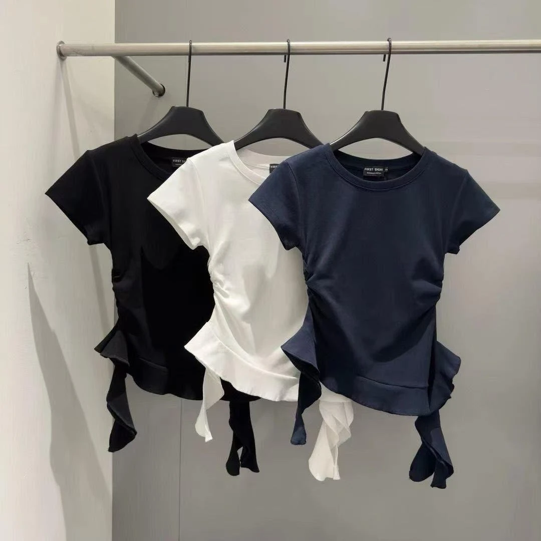 韩版辣妹圆领正肩短袖T恤女夏季修身气质设计感不规则荷叶边上衣