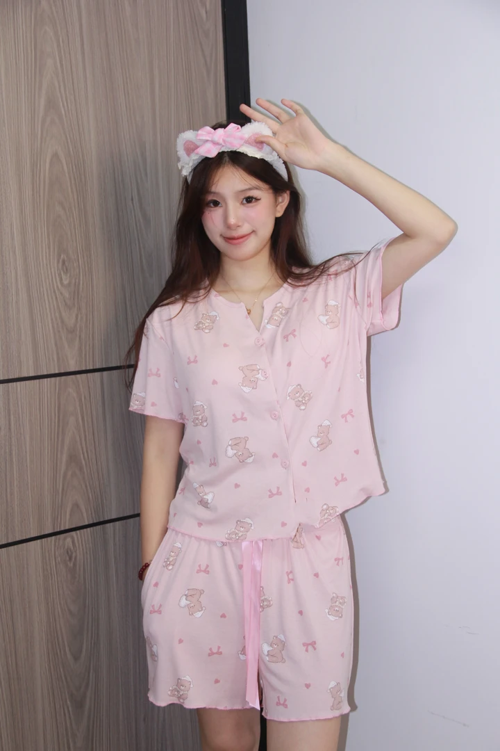 夏季甜美带胸垫短袖短裤套装睡裙可爱小熊休闲可外穿居家服