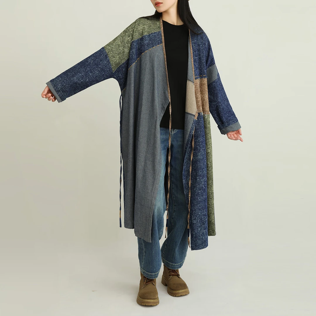 民族风拼接牛仔棉风衣女装长款秋季新品宽松系带复古慵懒风外套