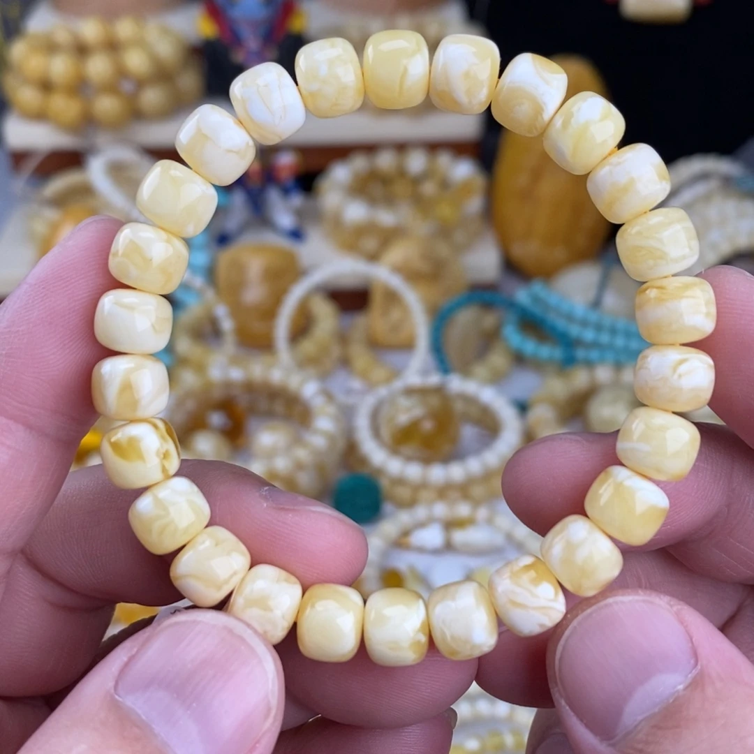 蜜蜡未镶嵌手链瓷白细纹虎皮纹8.8mm