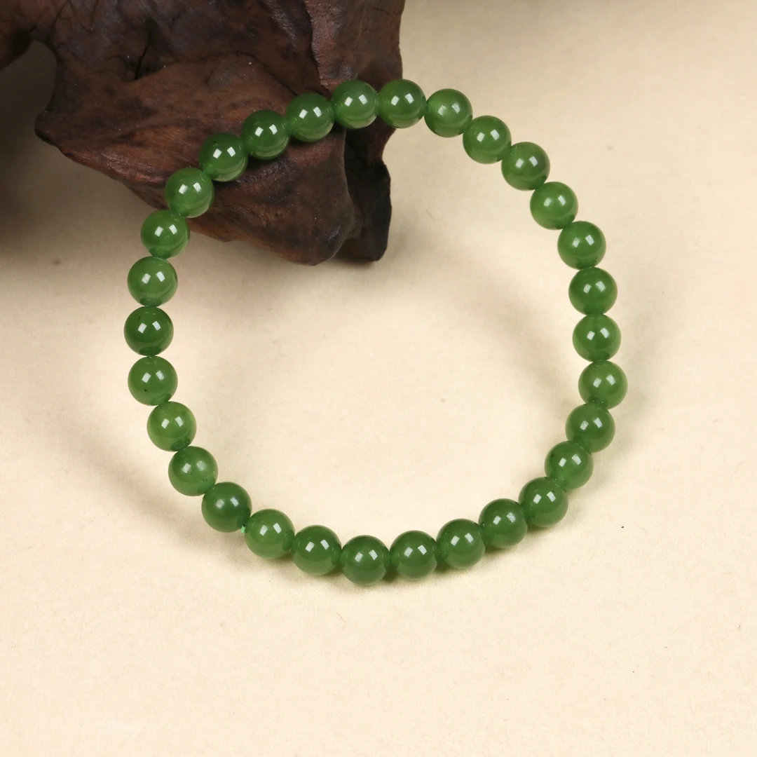 6mm正宗天然上等和田玉手串俄料正阳绿碧玉手串珠链天然玉石