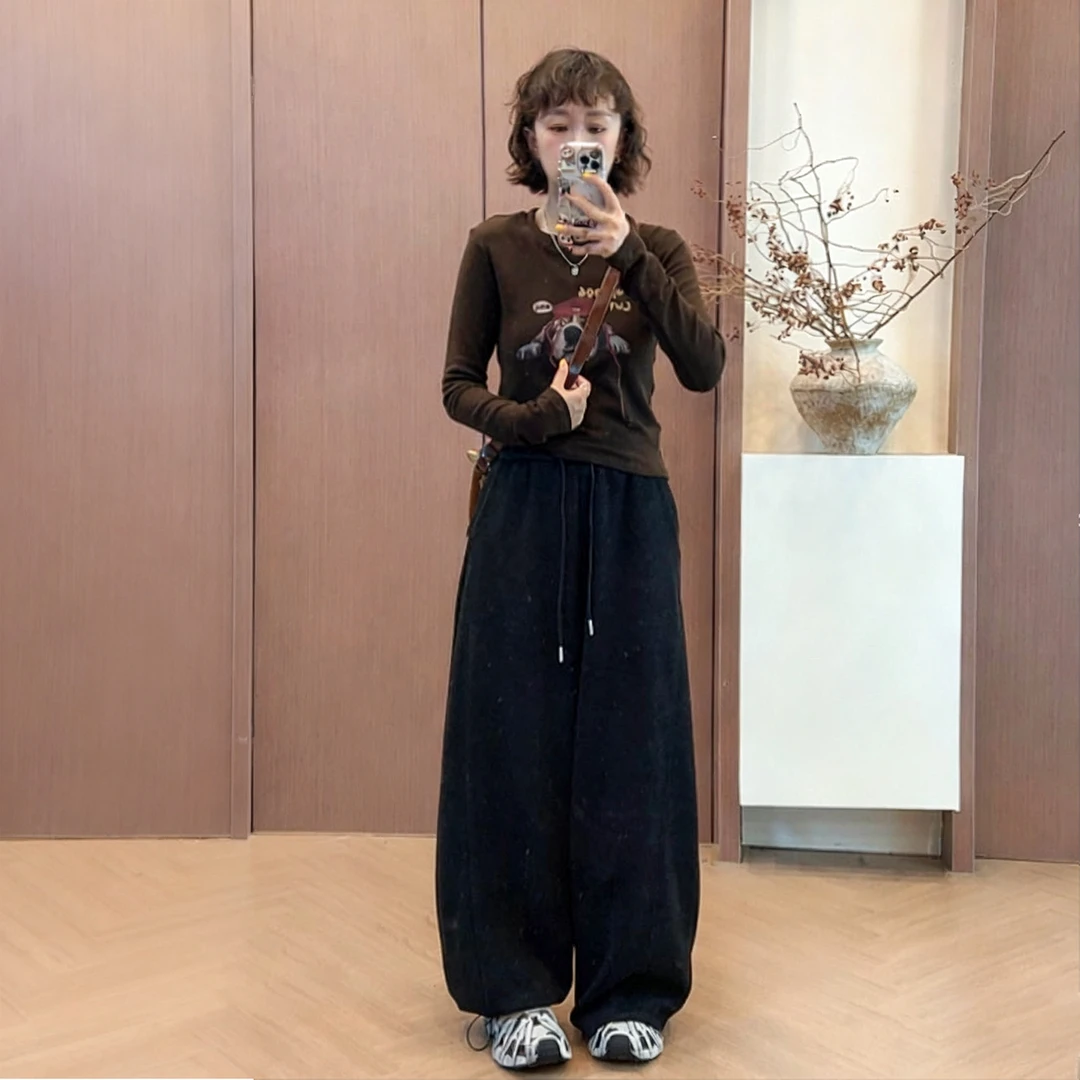 时尚高腰休闲弯刀裤女2025秋冬新款羊毛呢显瘦休闲加厚保暖阔腿裤