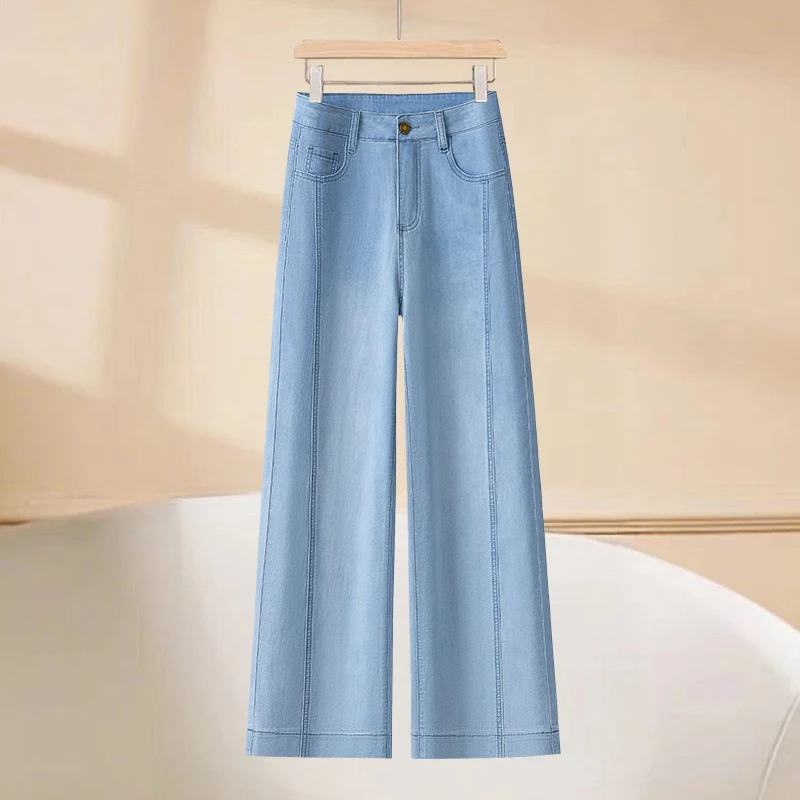 月光蓝八分直筒牛仔裤女夏季薄款高腰法棍裤小个子九分窄版阔腿裤