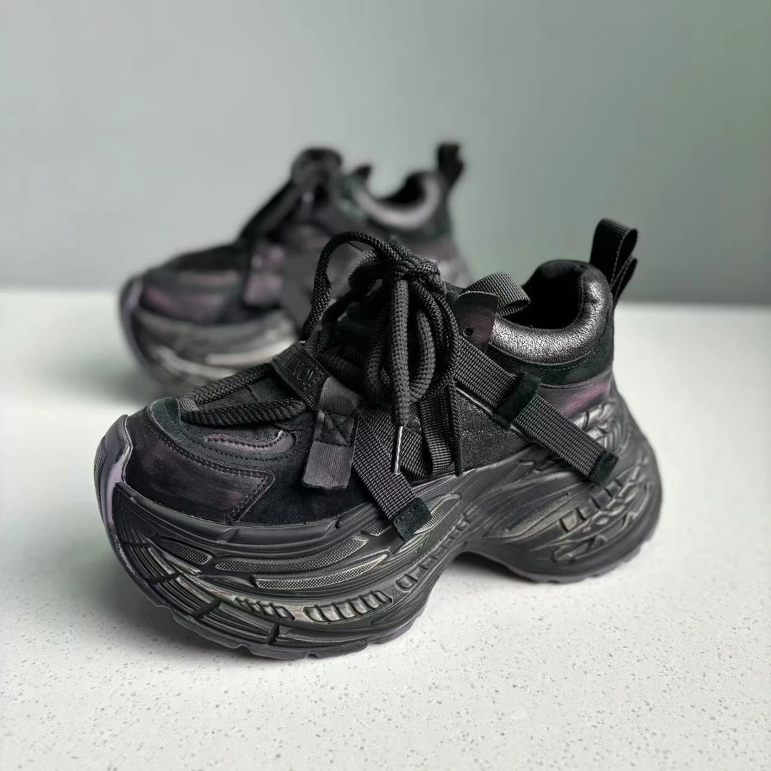 系带百搭潮鞋春季时尚休闲鞋高帮网面黑色潮流厚底增高780-27