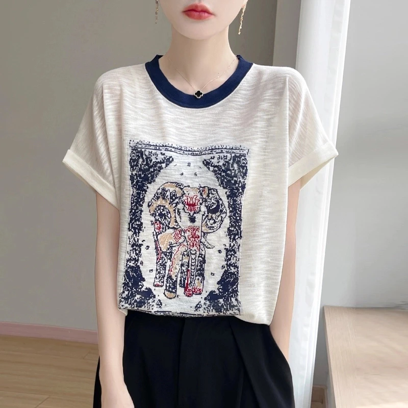 夏季新款竹节麻拼色圆领大象图案针织短袖洋气百搭宽松显瘦气质