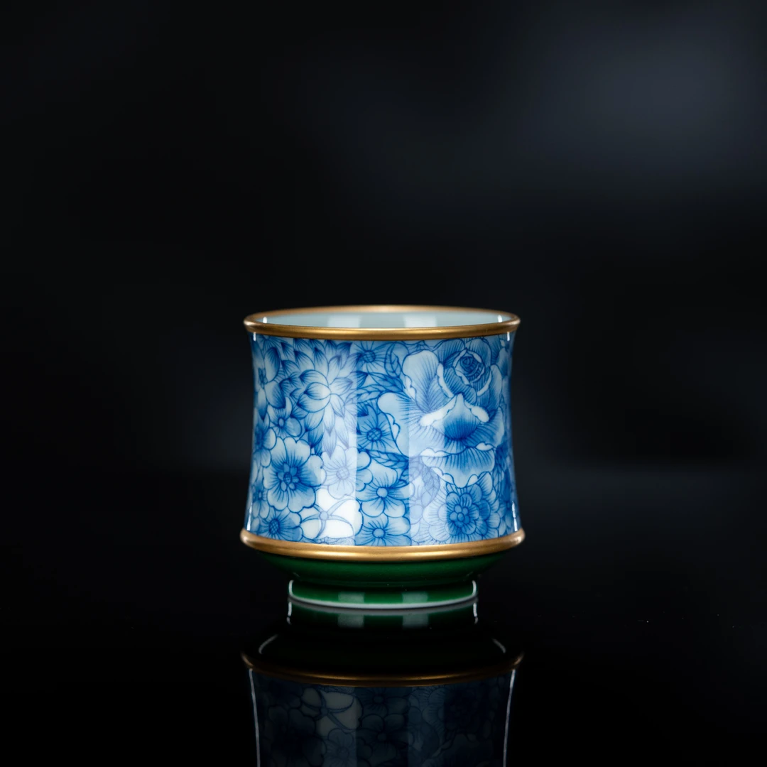 【瓷唐里】描金款青花万花束腰马蹄杯 83cc 瓷器家用茶具