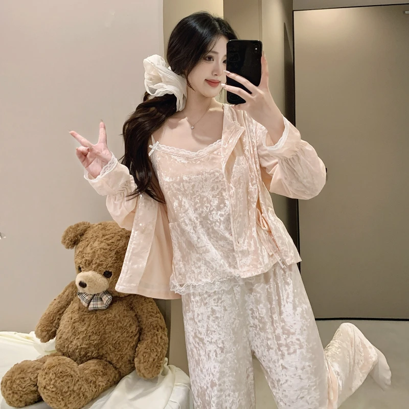秋冬新款金丝绒长袖蕾丝性感吊带三件套带杯垫睡衣保暖女套装2668