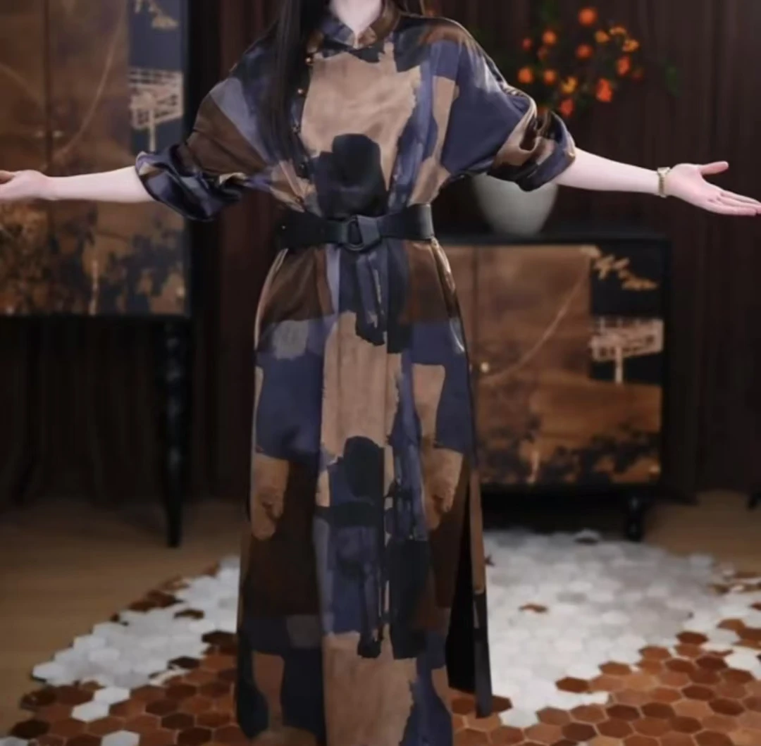 【恩灿】香云纱新中式复古宽松女士国风腔调长款休闲时尚连衣裙