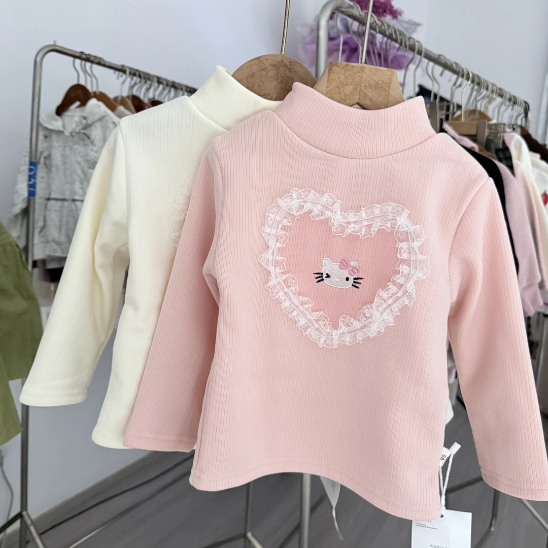 2960米色粉色爱心KT猫高领打底衫竖纹长袖T恤儿童