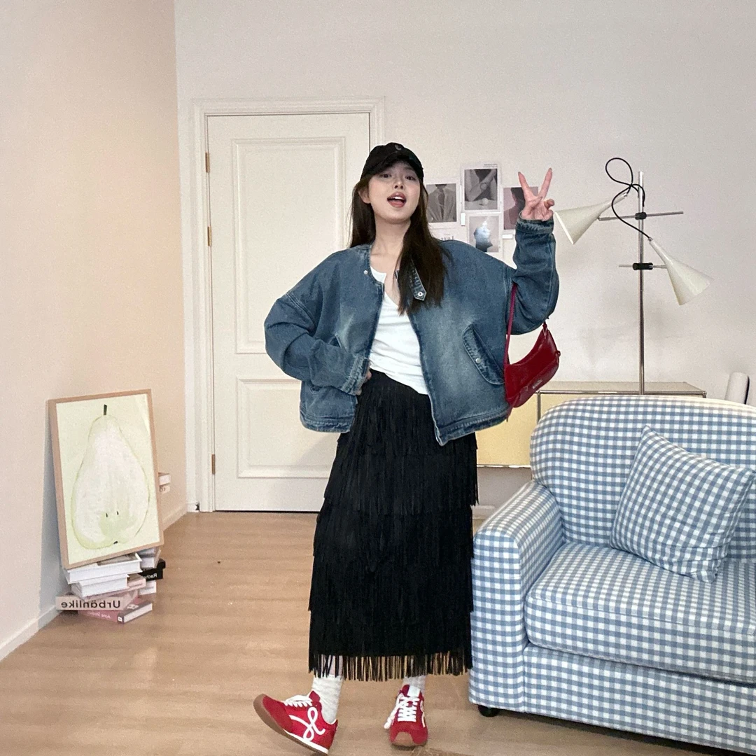 晶咕【丹宁腔调】时尚短款宽松设计师款复古水做旧牛仔外套